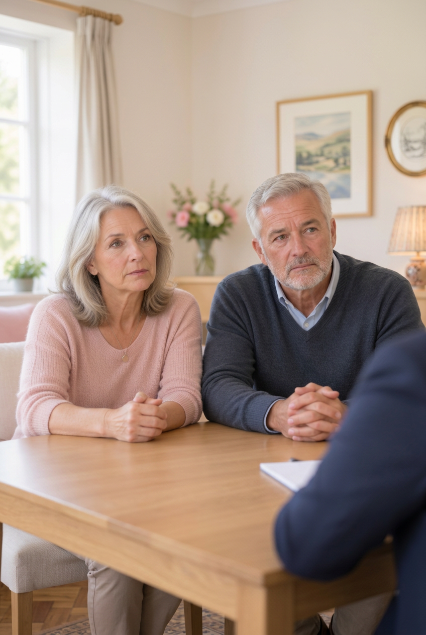 A couple in their sixties sitting together at a mediation meeting