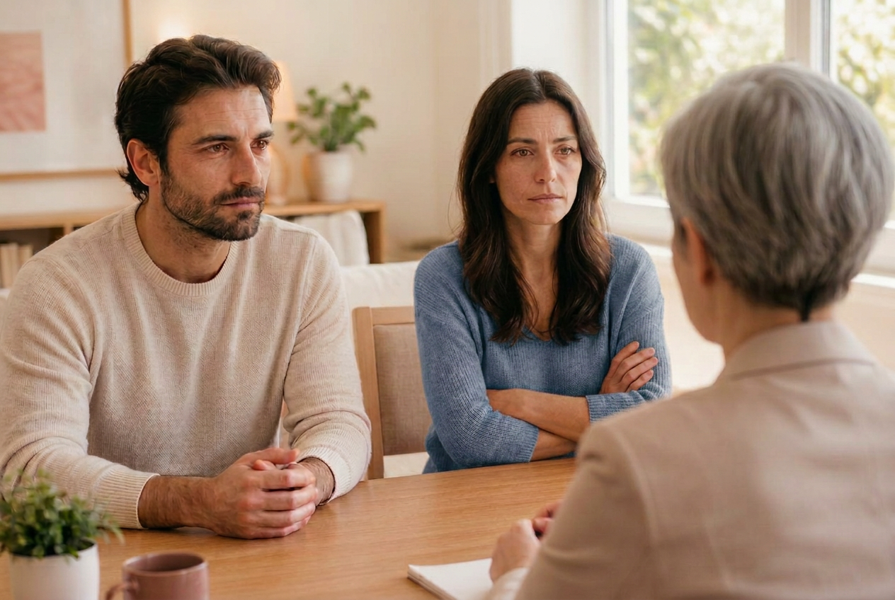 A couple in a calm mediation discussion with a mediator